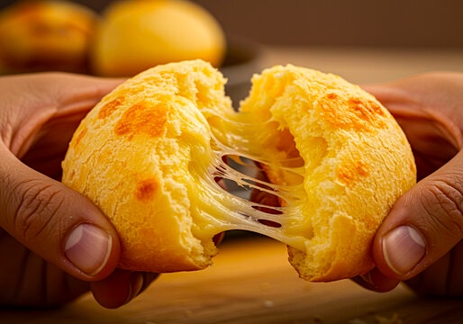 Pão de queijo partido ao meio com queijo derretido